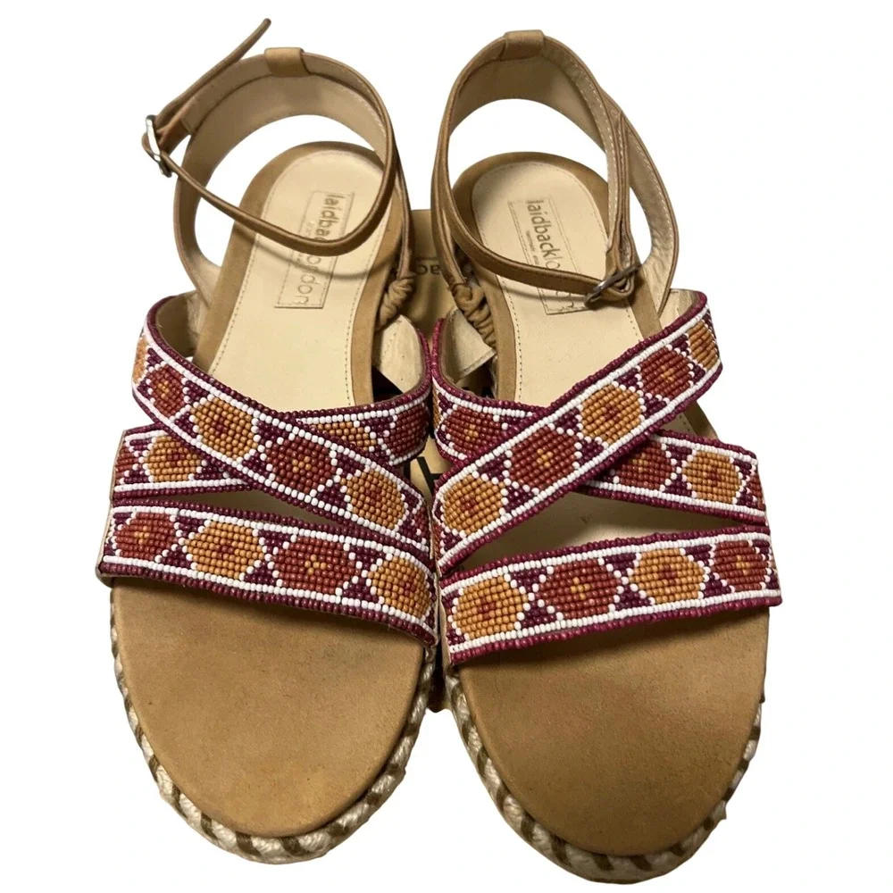 Laidback‎ London Sandals Women Tan Excellence Beaded Espadrille Boho Ankle Strap